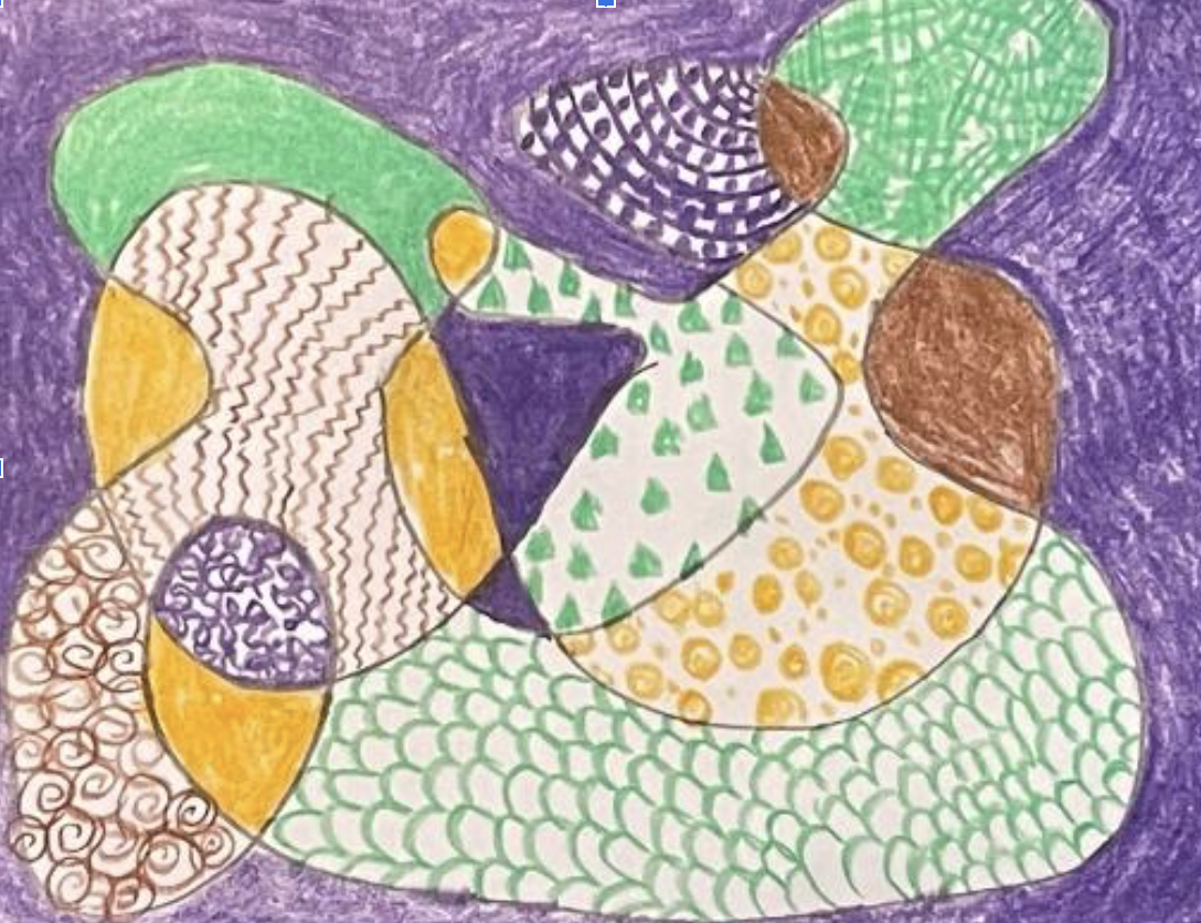 A postcard with swirled designs and patterns drawn on with purple, green, yellow, and brown colored pencils.
