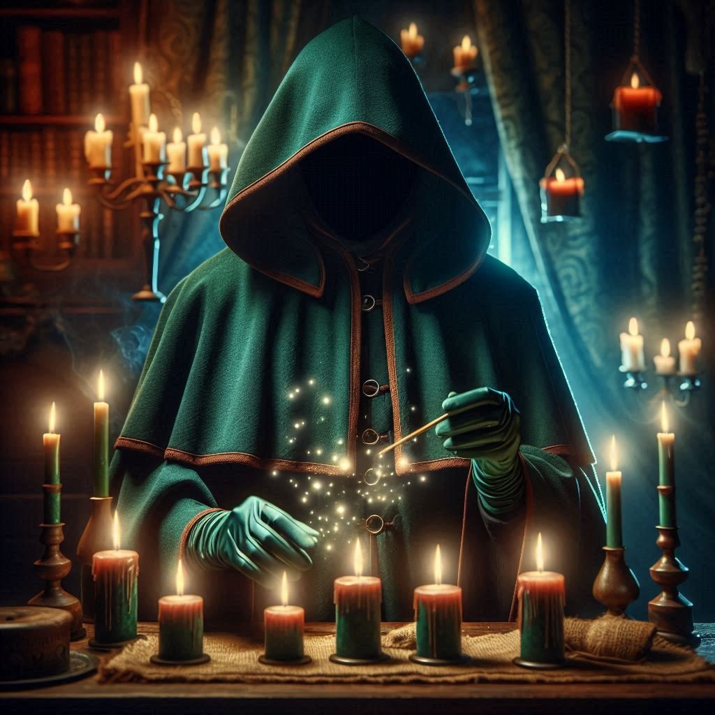 A mysterious and magical scene featuring a professional chandler, hidden beneath a deep green robe w.jpeg
