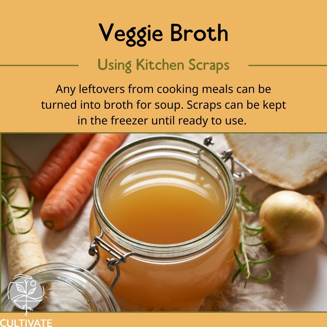 Cooking today? Don't throw away the scraps! Collect all of the veggie and herb scraps to use in a broth for flavorful soups. They can be kept in the freezer until ready for use.

#cultivatefoodconnections #reducefoodwaste #findlocalfood