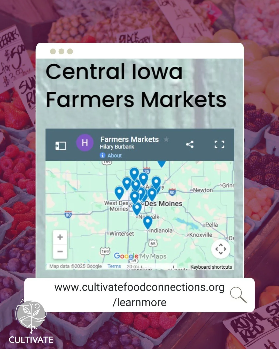 There are still many farmers markets open through September with tons of local products 🧄🥔🍎 Check out our website to locate the one closest to you! 

#cultivatefoodconnections #cultivateyourplate #iowafarmersmarkets