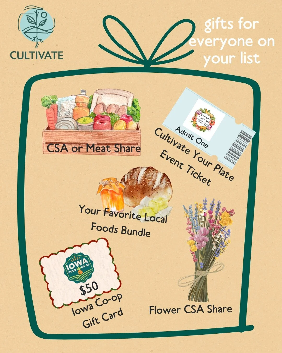 We've got more gift ideas for everyone on your list this year 🎁 Some readily available gifts that support the local economy, families, and farmers are: 

🎀 A CSA or meat share (head over to our website to find more)
🎀 A Cultivate Your Plate event 