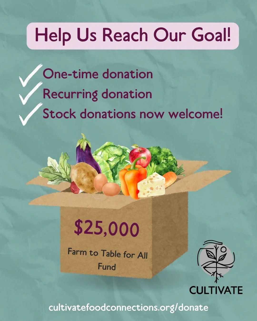 There's still time to help us reach our goal of raising $25,000 to distribute local food to the community. With the loss of large grants such as LFPA and uncertainties with SNAP funding, we are raising money to buy local food directly from producers 