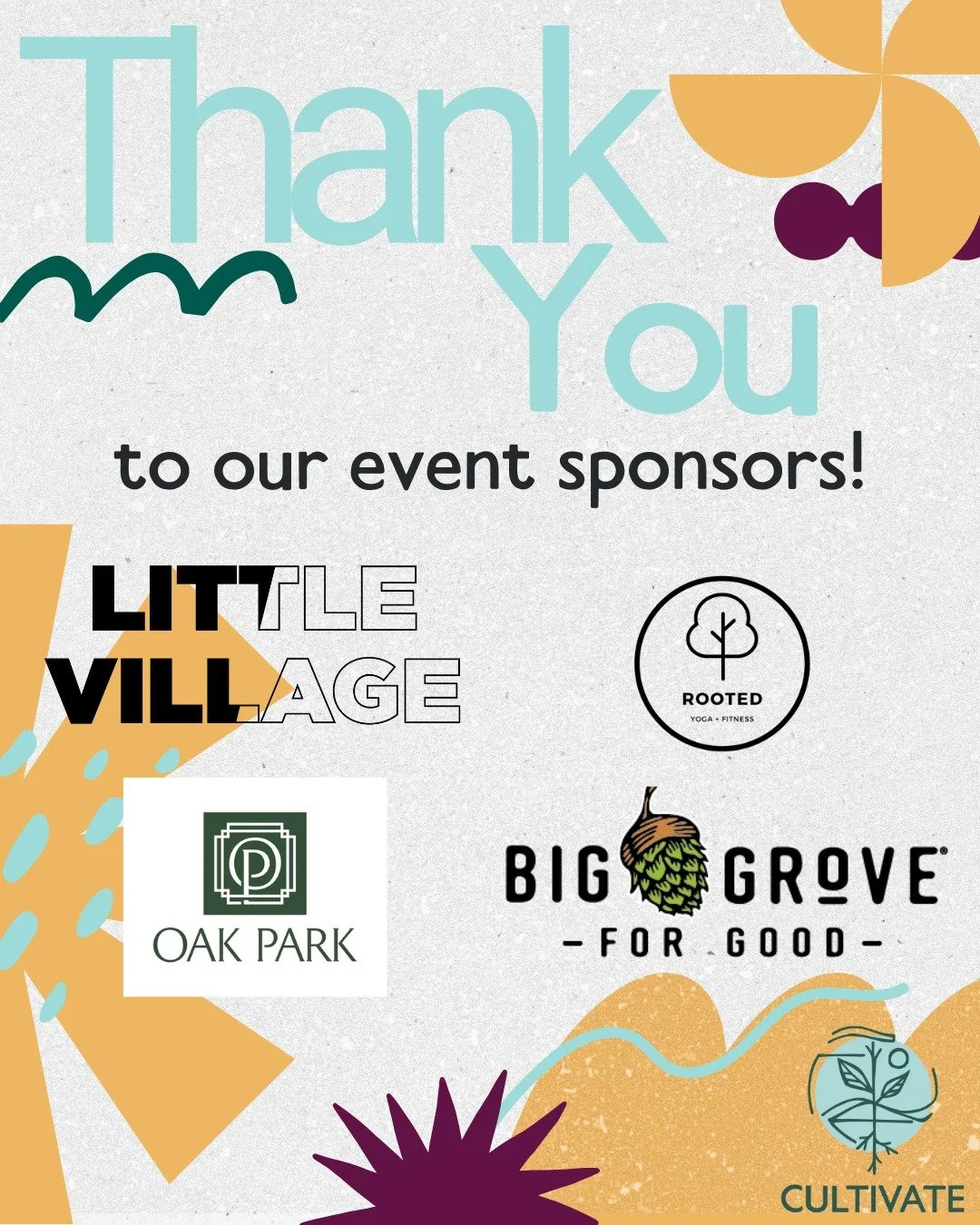 We would like to take a moment to give a big THANK YOU to our Cultivate Your Plate event sponsors! We are so grateful for @littlevillagemag, @rootedyogaandfitness, @oakparkdsm, &amp; @biggrovedsm's support. This ensures we can continue to create even