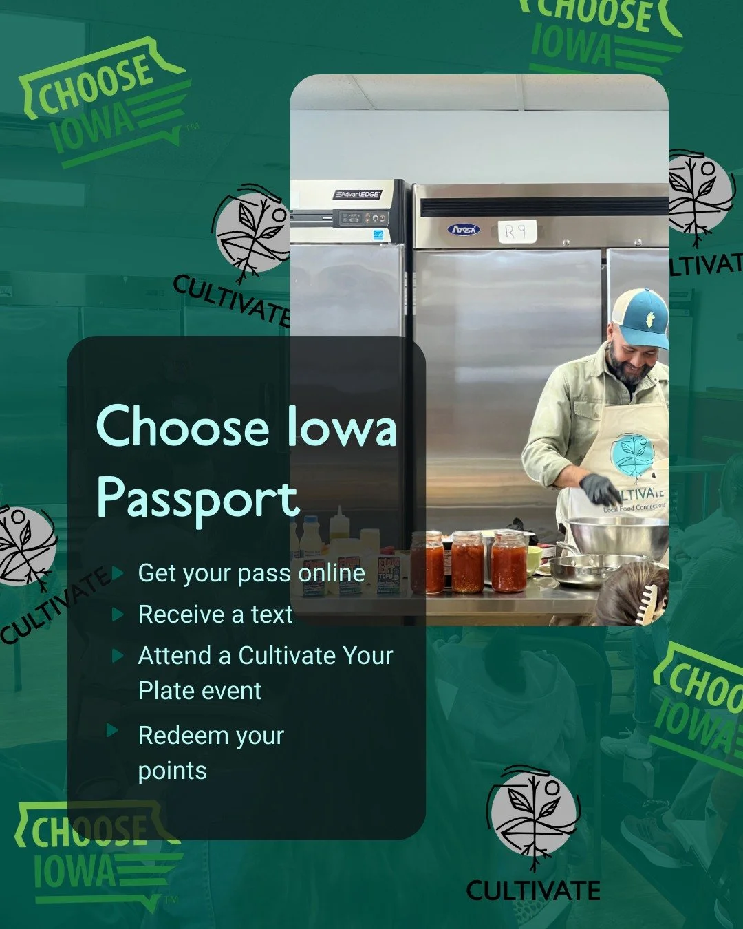Did you know that you can earn @chooseiowa Passport points by attending our Cultivate Your Plate events? Sign up for free on the Choose Iowa website, get your mobile pass, receive a text to use your pass, attend an approved event, then redeem your po