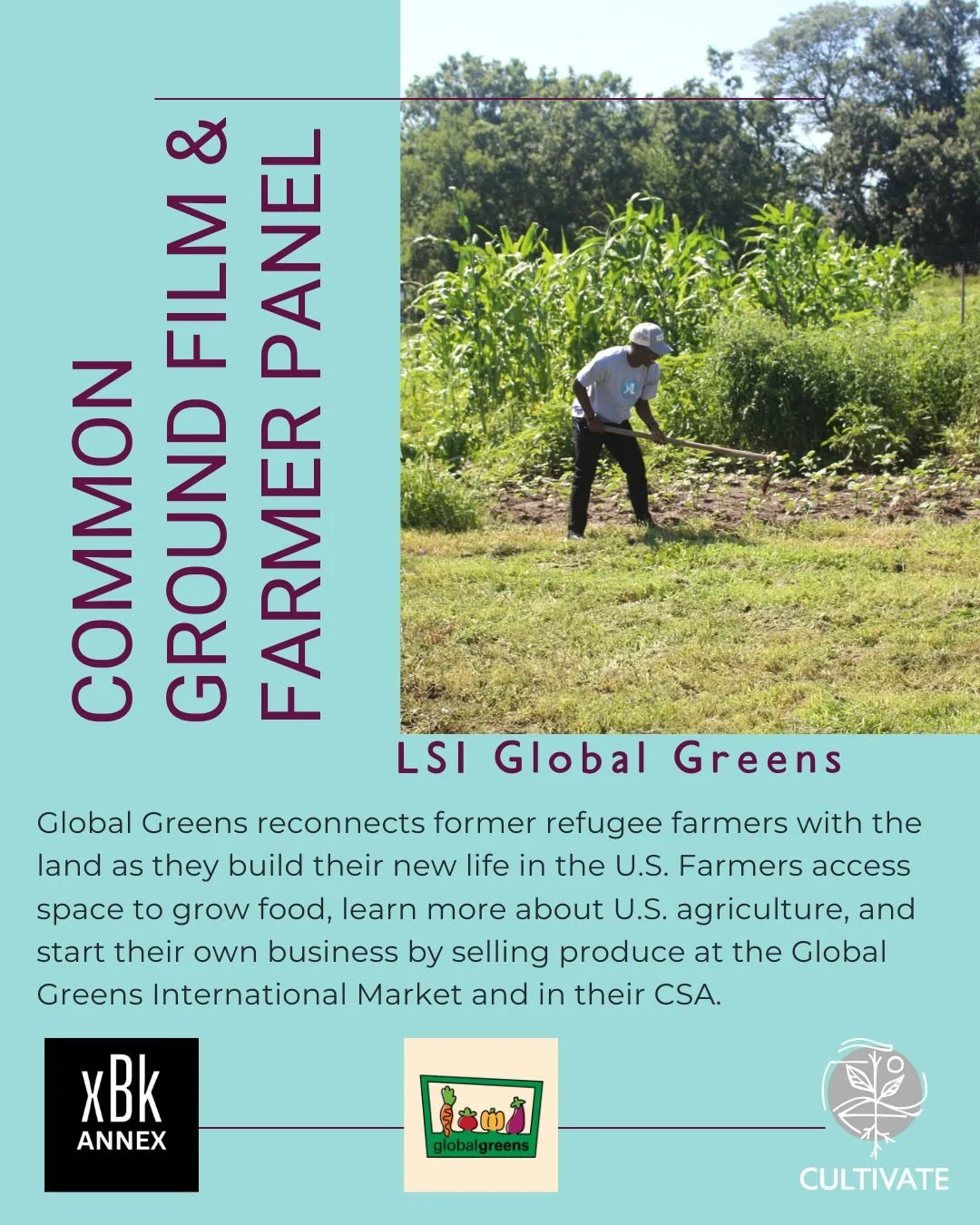The next speaker at our upcoming film screening and farmer panel of @commongroundfilm is @lsiglobalgreens! The Global Greens Beginning Farmer Training program is offered by Lutheran Services of Iowa, which helps refugee farmers utilize their skills a