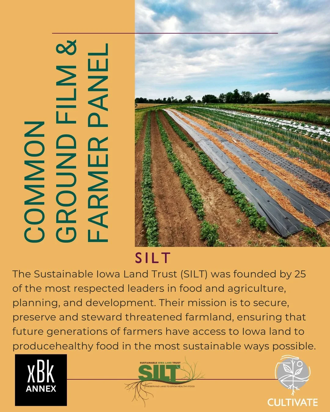 The final organization joining our panel THIS SUNDAY, February 22nd from 1:30-2:00PM at @xbklive Annex (next to Nos Books) is @sustainableiowa 🌿 SILT has been working to protect Iowa farmland for the next generation of farmers. Their vision is an Io