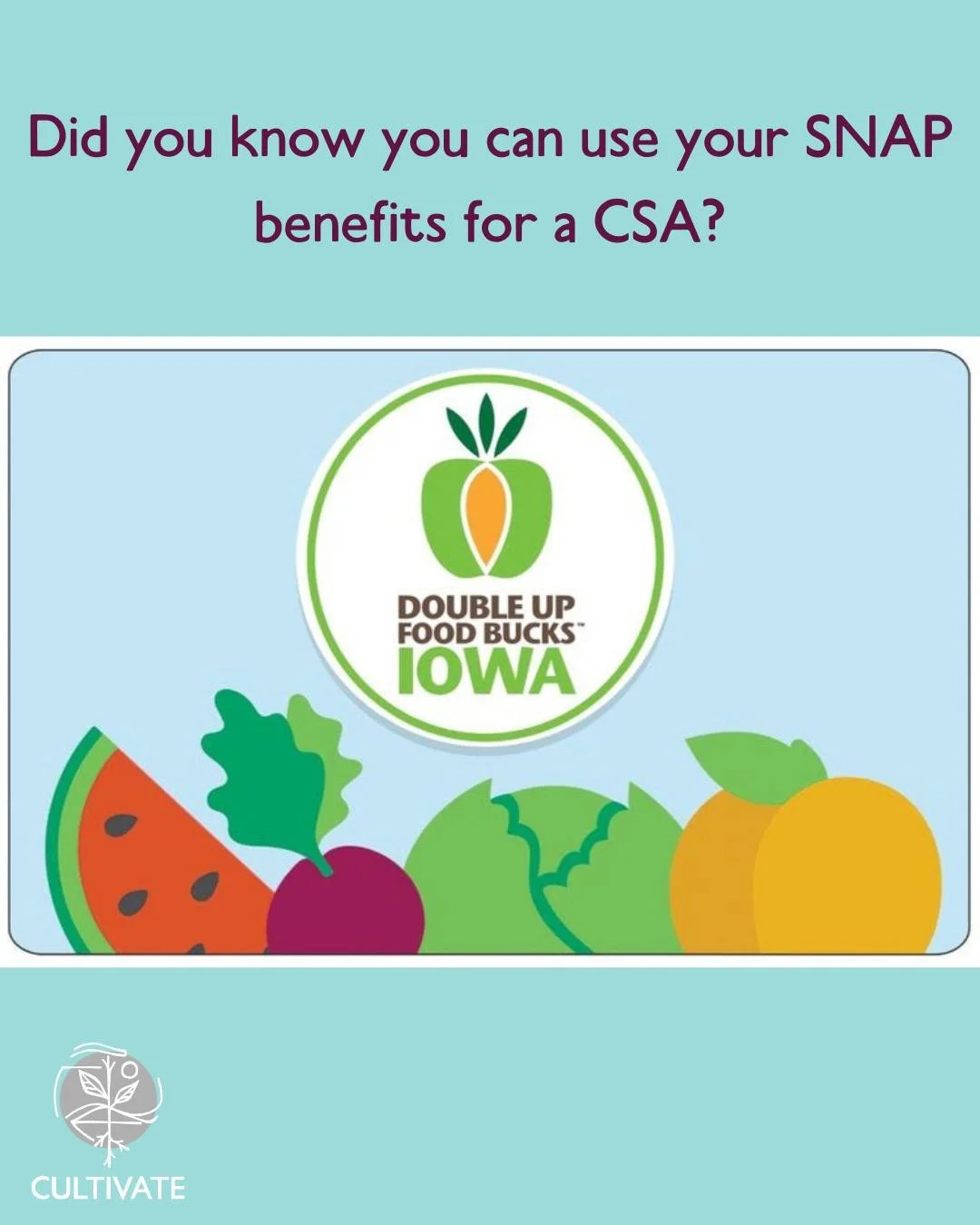 Your Double Up Food Bucks may be expiring soon! Using them on a CSA box is a great way to access fresh, locally-grown products throughout the season 🍓🥕🌽 There are four participating CSA farms across Iowa that will allow you to use your SNAP benefi
