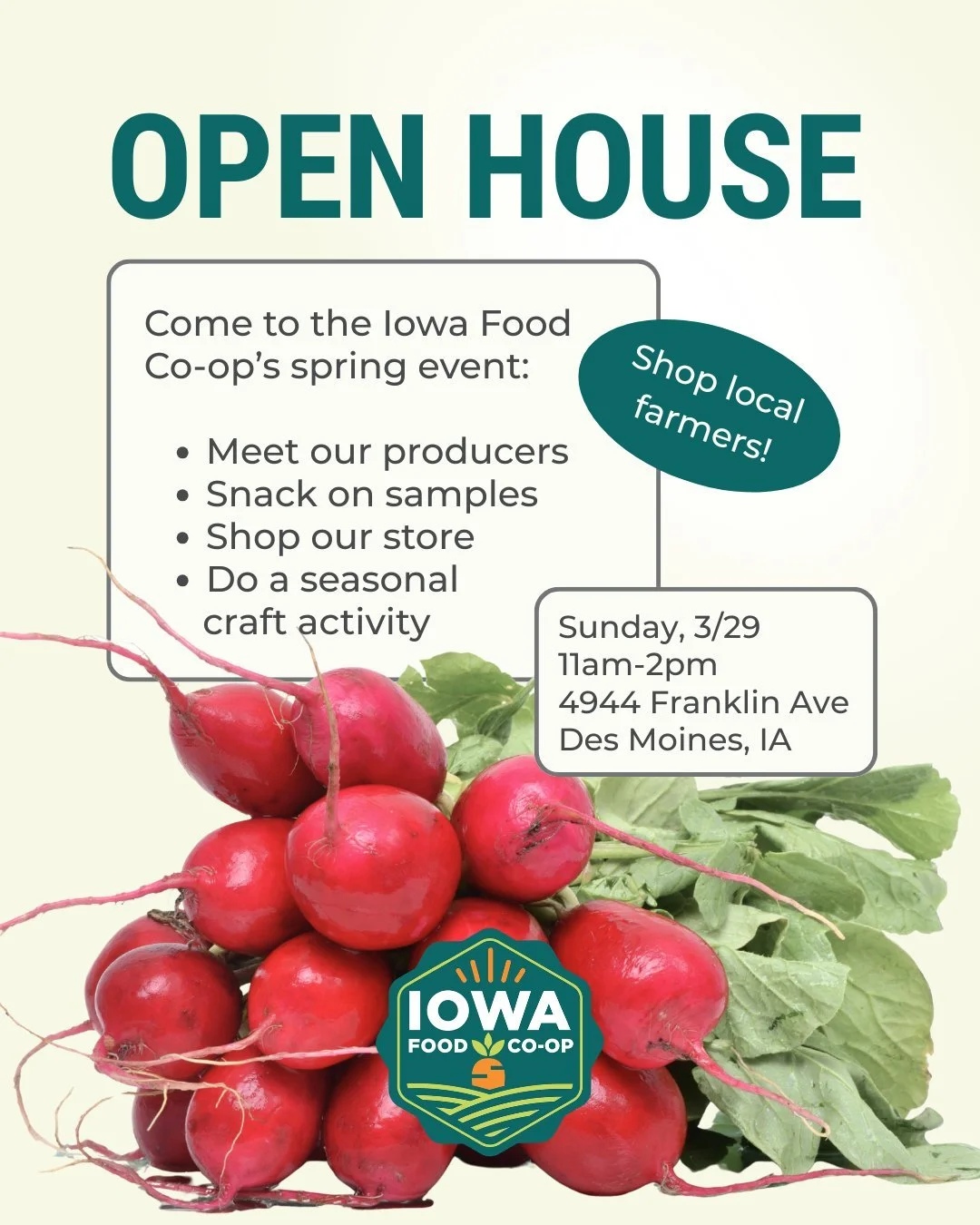 Don't miss the @iowafoodcoop open house happening TOMORROW! There will be local foods to try, seasonal activities, and producers to meet 🌿🥧🏵 
Sunday, March 29th
11AM - 2PM

The annual plant sale is coming up soon, too! 
May 1st: 2PM - 6PM
May 2nd: