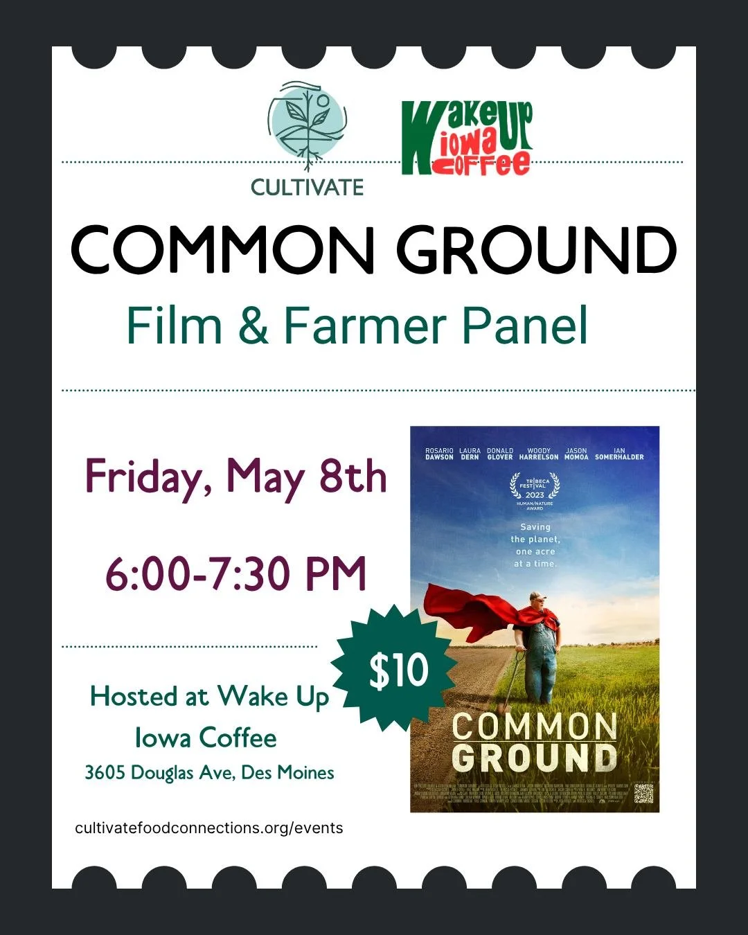 Exciting announcement! We are hosting another @commongroundfilm Film Screening &amp; Farmer Panel at @wakeup_iowacoffee ☕ 

Join us to watch Common Ground, a film about America's food system and the unjust practices behind it. Followed by a farmer pa