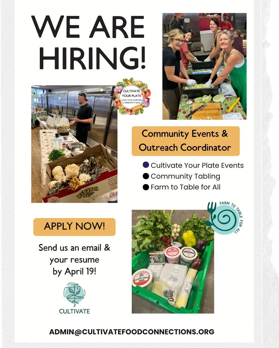 We are very excited for the opportunity to add another member to our small but mighty Cultivate team!

We're looking for someone who loves local food and loves sharing that passion with others through creating engaging educational events, tabling eve