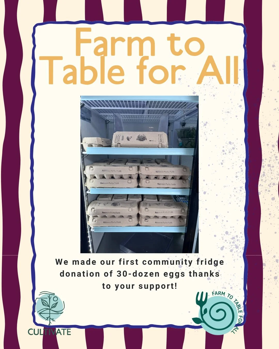 Thanks to all your support for our Farm to Table for All fund, we were able to donate 30 dozen eggs to community fridges in Des Moines 🥚🥚. Through this project, @raccoonforksfarms farm fresh eggs are going to local Iowans

If you are a producer and