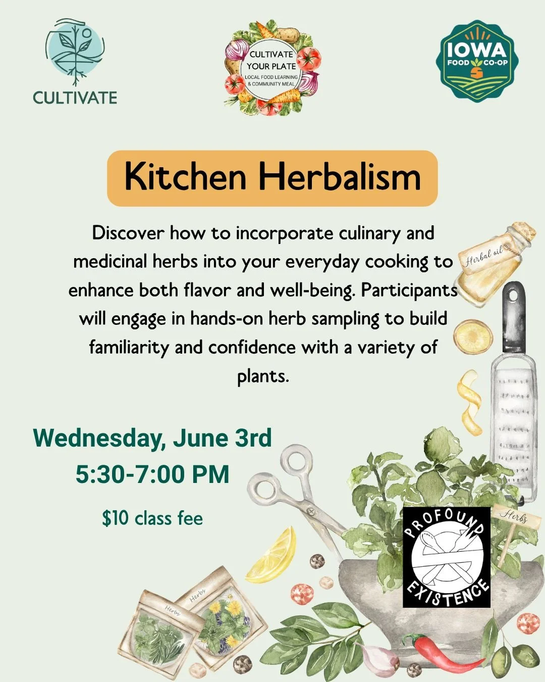 We've got another class in the lineup! Join us at @iowafoodcoop with @profoundexistenceherbs to discover the diversity of herbs! We will learn about both medicinal and culinary herbs and how to use them in a variety of ways. We will also get to taste