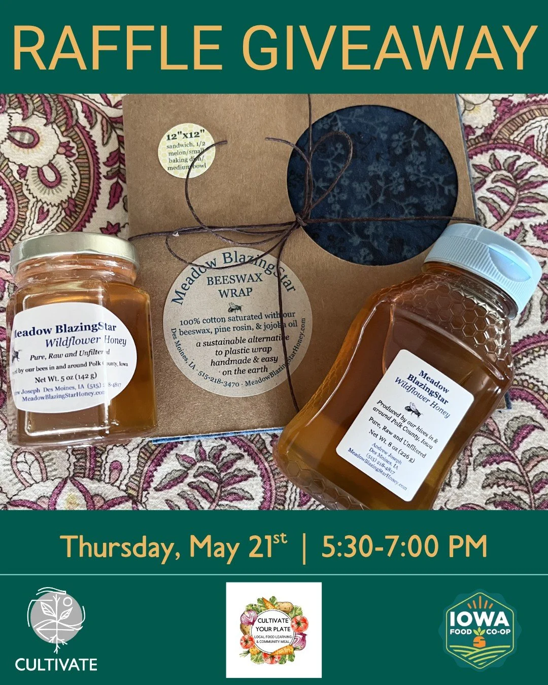 We've got an exciting raffle giveaway prize generously donated by our presenters @Meadow BlazingStar Honey 🍯 Join our class THIS THURSDAY, May 21st from 5:30-7:00 PM at the @iowafoodcoop to learn all about bees and their importance to the local food