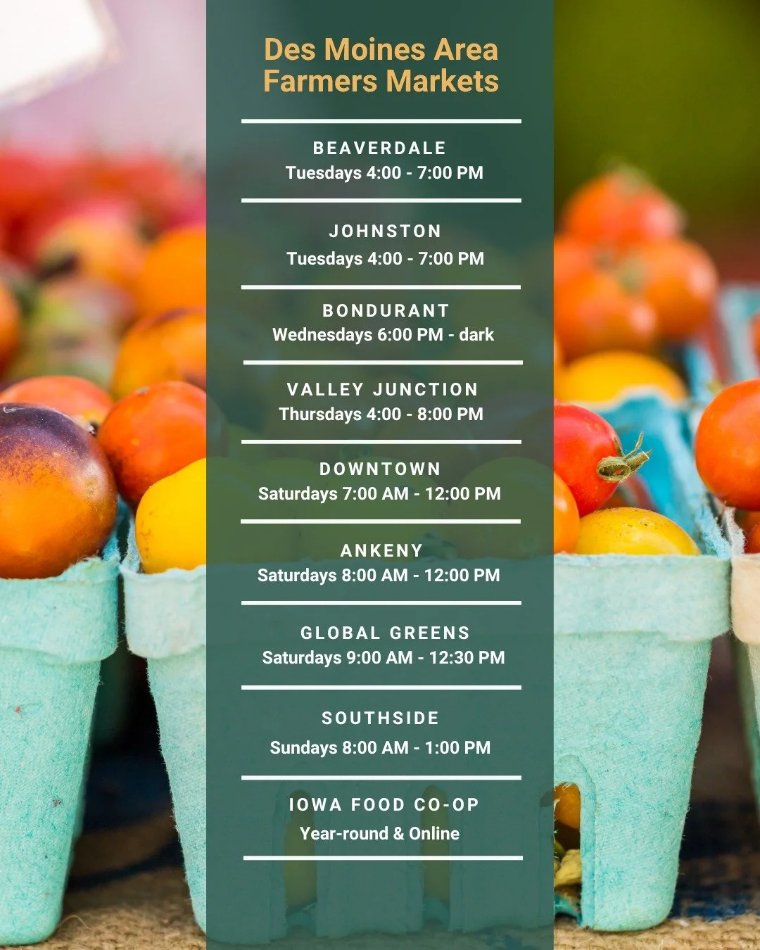 It's officially farmers market season! There are so many markets around central Iowa to find products grown or raised nearby 🍑🧄🫛 Fun fact: there is a farmers market almost every day this summer! 

Find more information about the markets AND add th