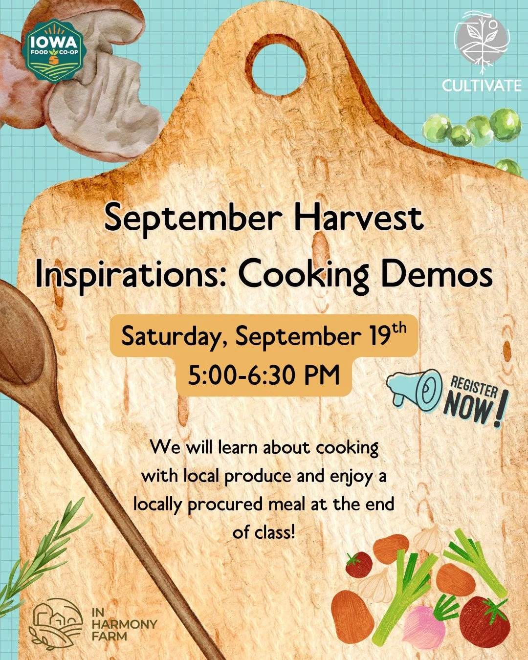 Believe it or not, September begins in just one week! We are celebrating all that is growing this season with our September Harvest Inspirations cooking class 🫑🍅🥬 

Join us to learn more about cooking local produce, taste some local food, and meet