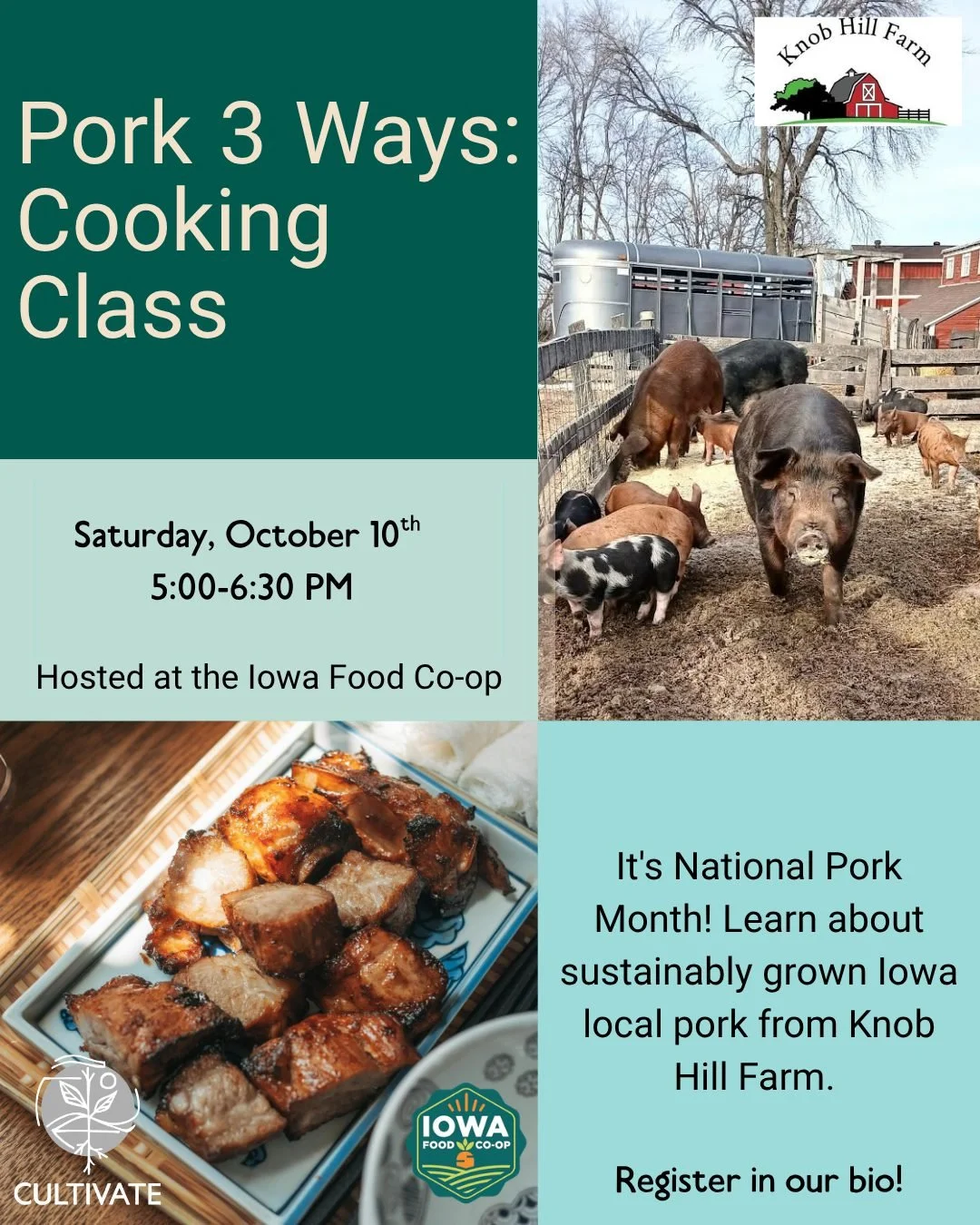 There's still time to sign up to learn more about using sustainably-grown Iowa pork 🥩 Local producers Knob Hill Farm will join us at the @iowafoodcoop to teach us about their Certified Organic heritage breed pork. 

October is National Pork Month, m