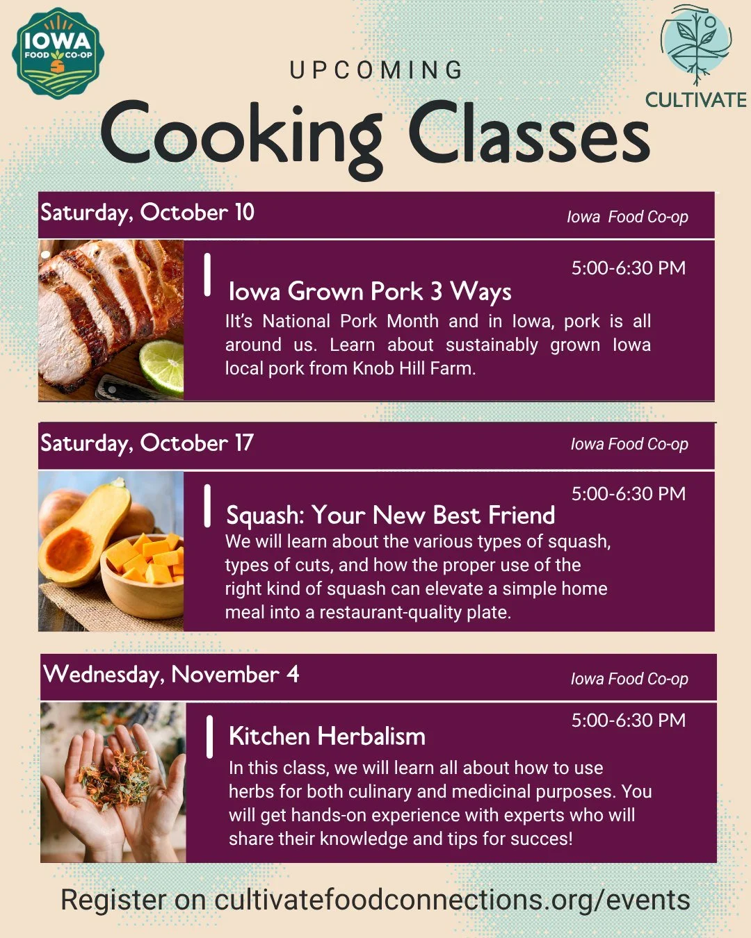 COMING UP! These next few cooking classes are going to be good ones 🤗 Whether you are brushing up on your cooking skills or are a beginner, we have something for everyone! 

Find more information and register for the classes on our website 🎟

All c