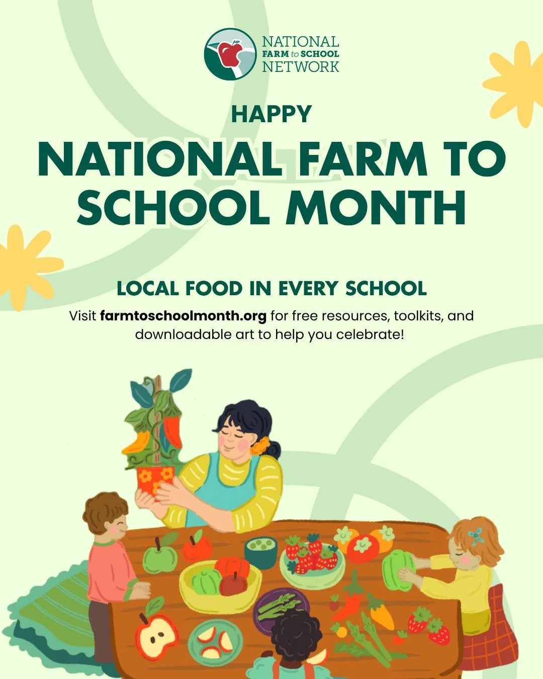 Join us in celebrating Farm to School Month this October! This year, our theme is "Creating Thriving Communities with Local Food in Every School." 

Let's create a food system that connects all kids to nourishing, local food in schools. Lea