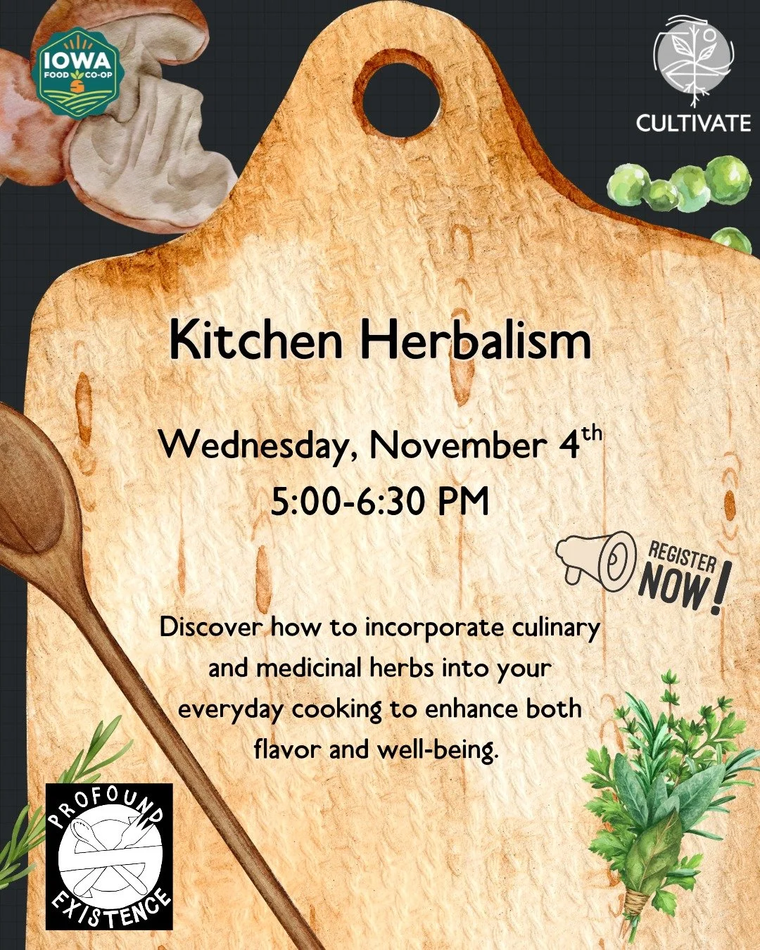 Our last Cultivate Your Plate event for the year is coming up in a couple of weeks 🍃 If you are curious about using herbs for culinary or medicinal purposes, this class is for you! Herbalist @profoundexistenceherbs will lead the class in exploring a