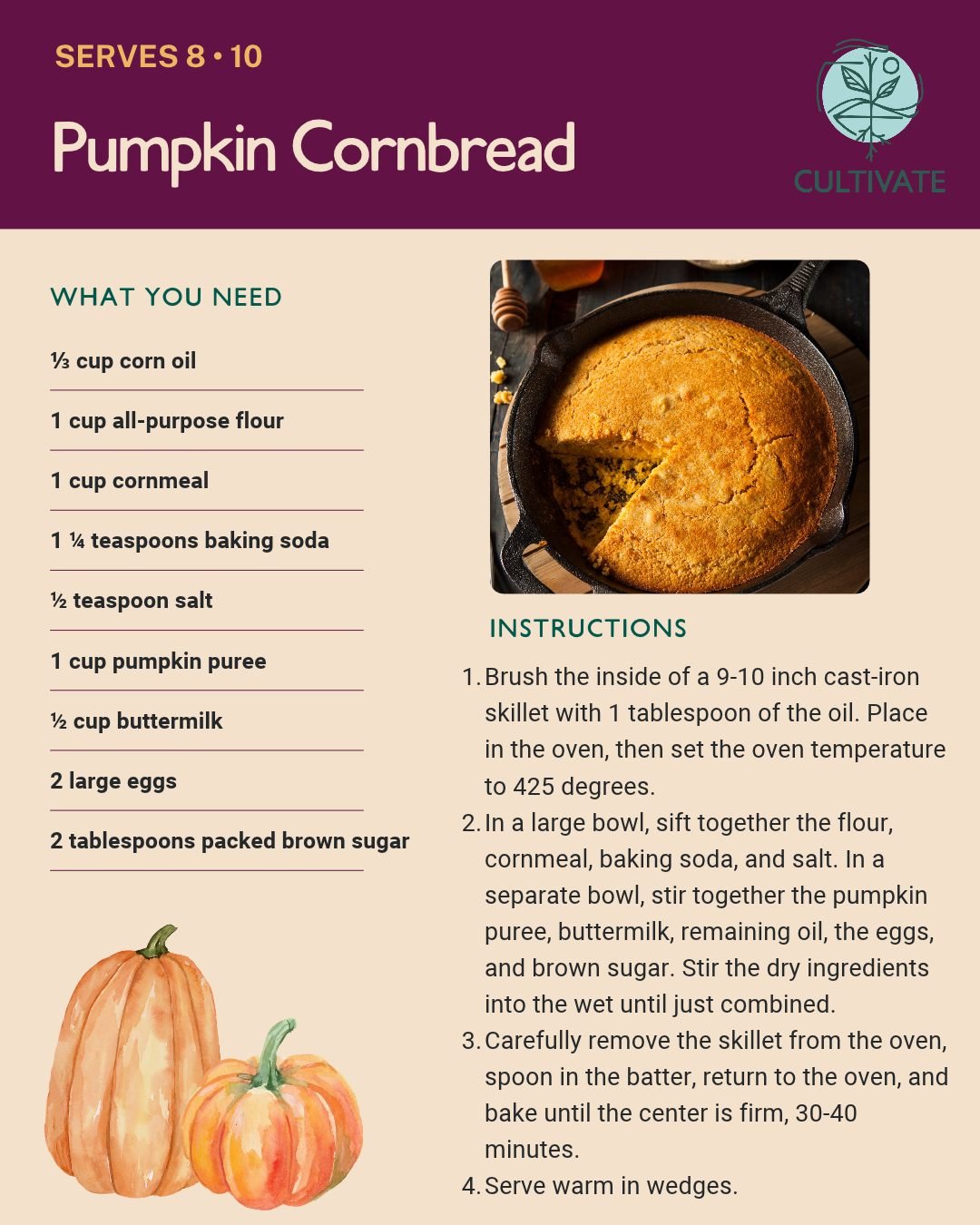 It's pumpkin season! There are so many recipes to use pumpkins beyond pumpkin pie, including this pumpkin cornbread 🎃 Top with some local butter and honey from your favorite farm 🍯

Check out our website for more recipes and where to find ingredien
