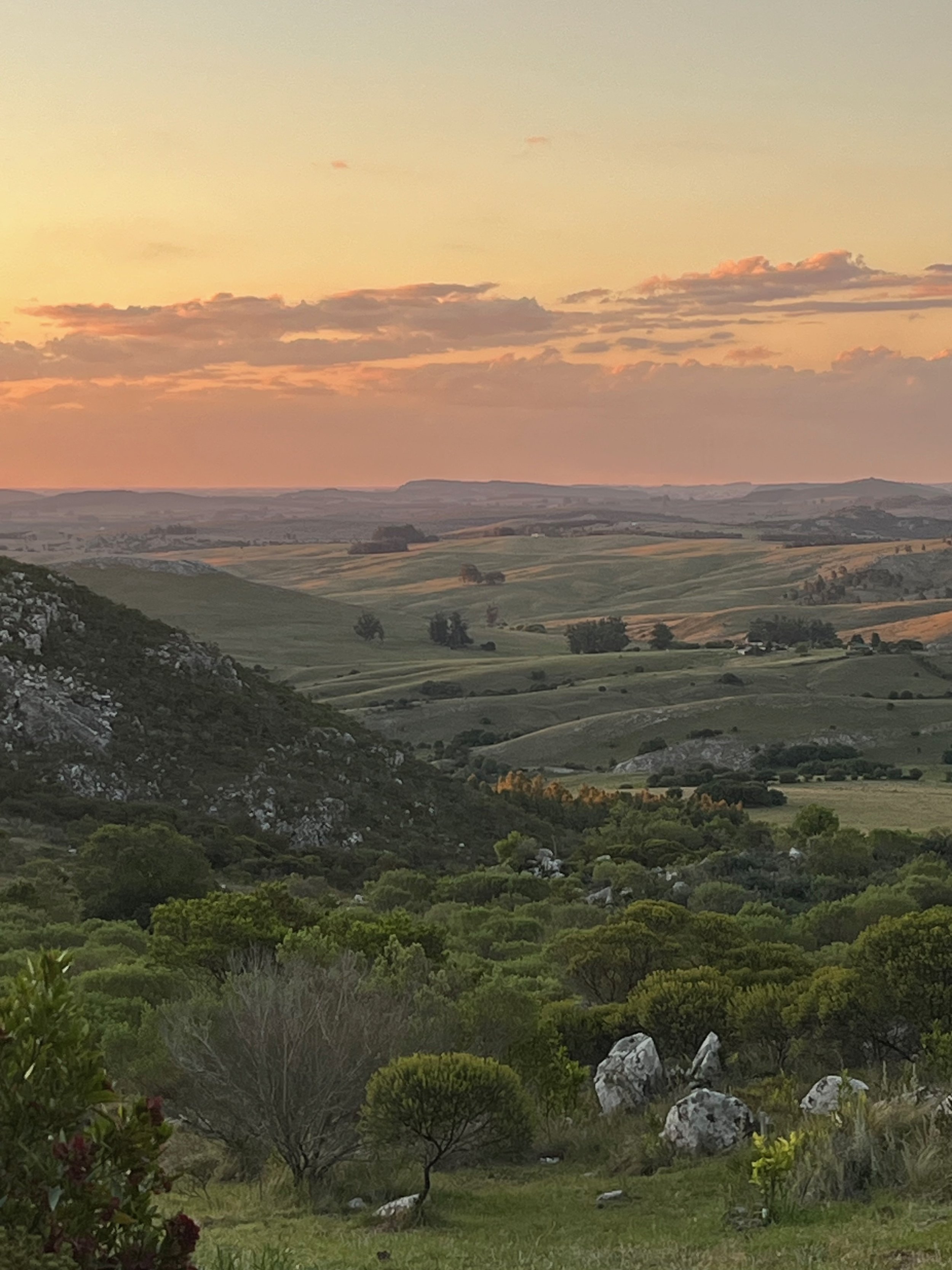 Scenic landscape with rolling hills, green trees, and rocks in the foreground at sunset, with clouds and a colorful sky in the background.