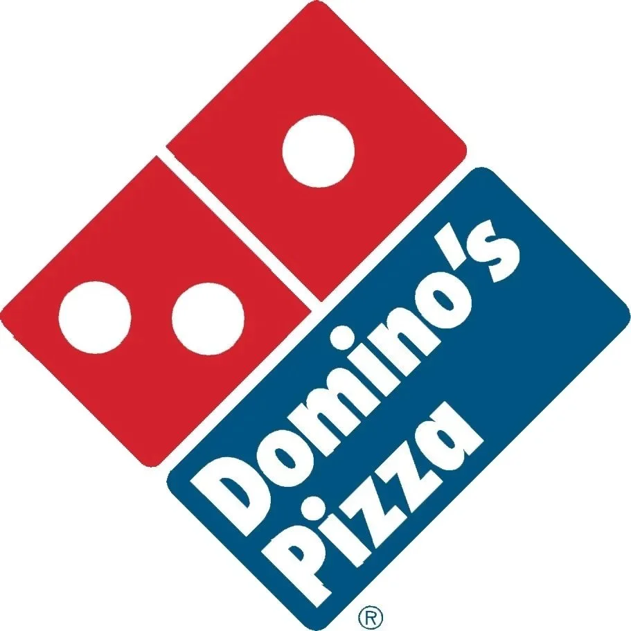 Logo of Domino's Pizza with red and blue squares, the red square has two white dots resembling domino tiles, and the blue square has white text that reads 'Domino's Pizza'.