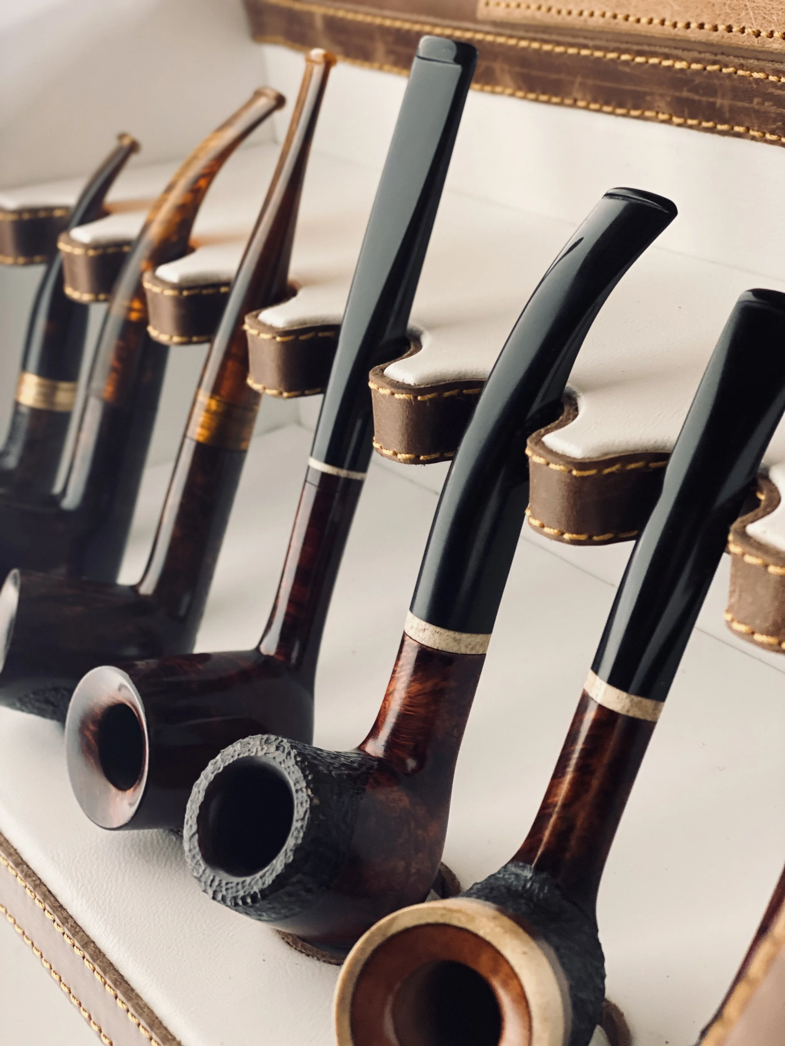 Assorted smoking pipes displayed in a holder