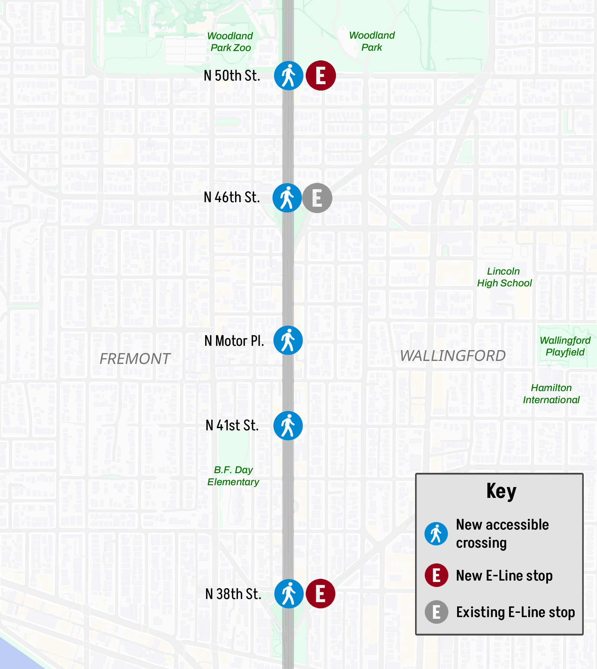 Map of the proposed additions, alongside the single existing E line stop