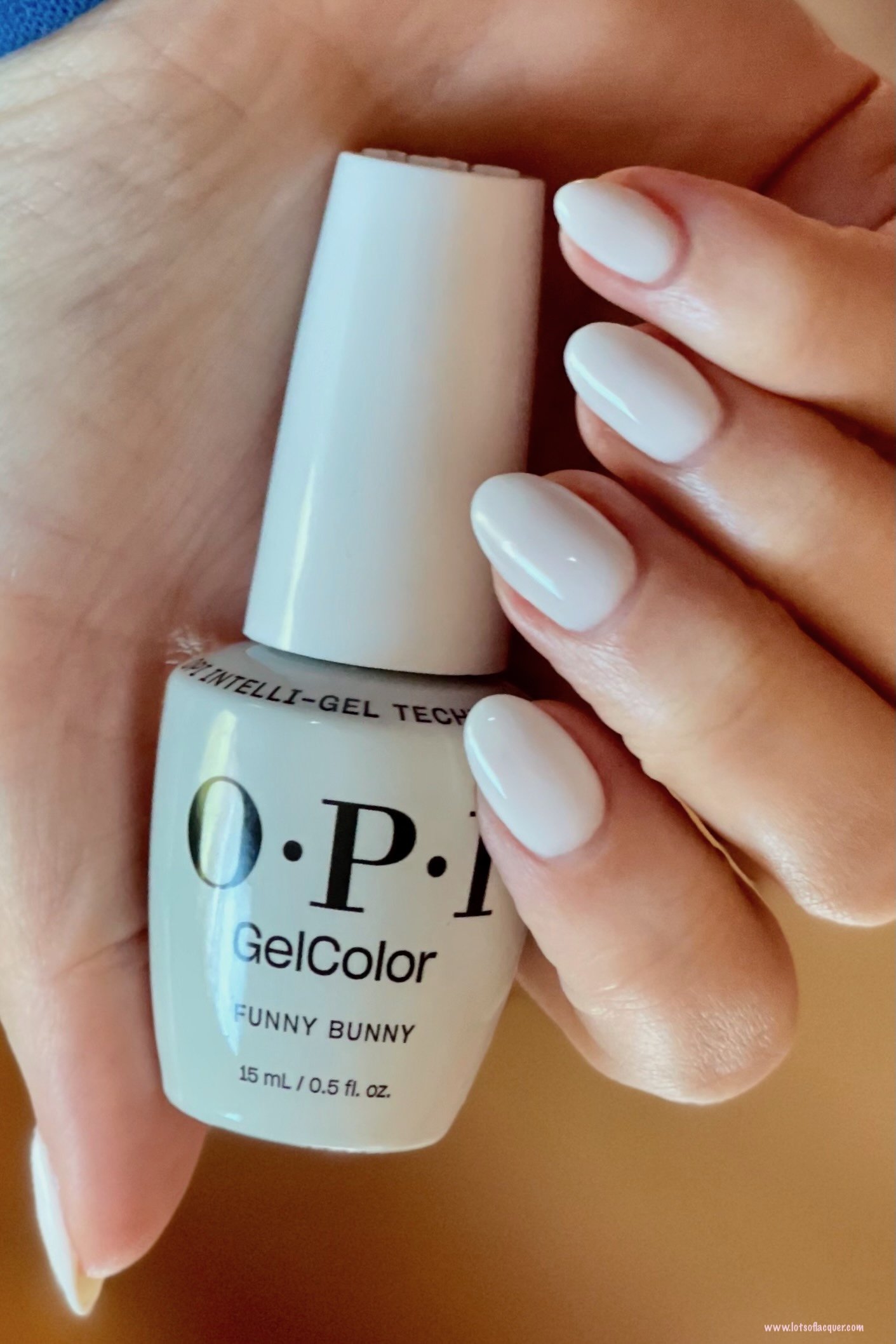 Shade gifted by Beyond Polish - OPI Funny Bunny gel polish swatch on medium almond natural nails