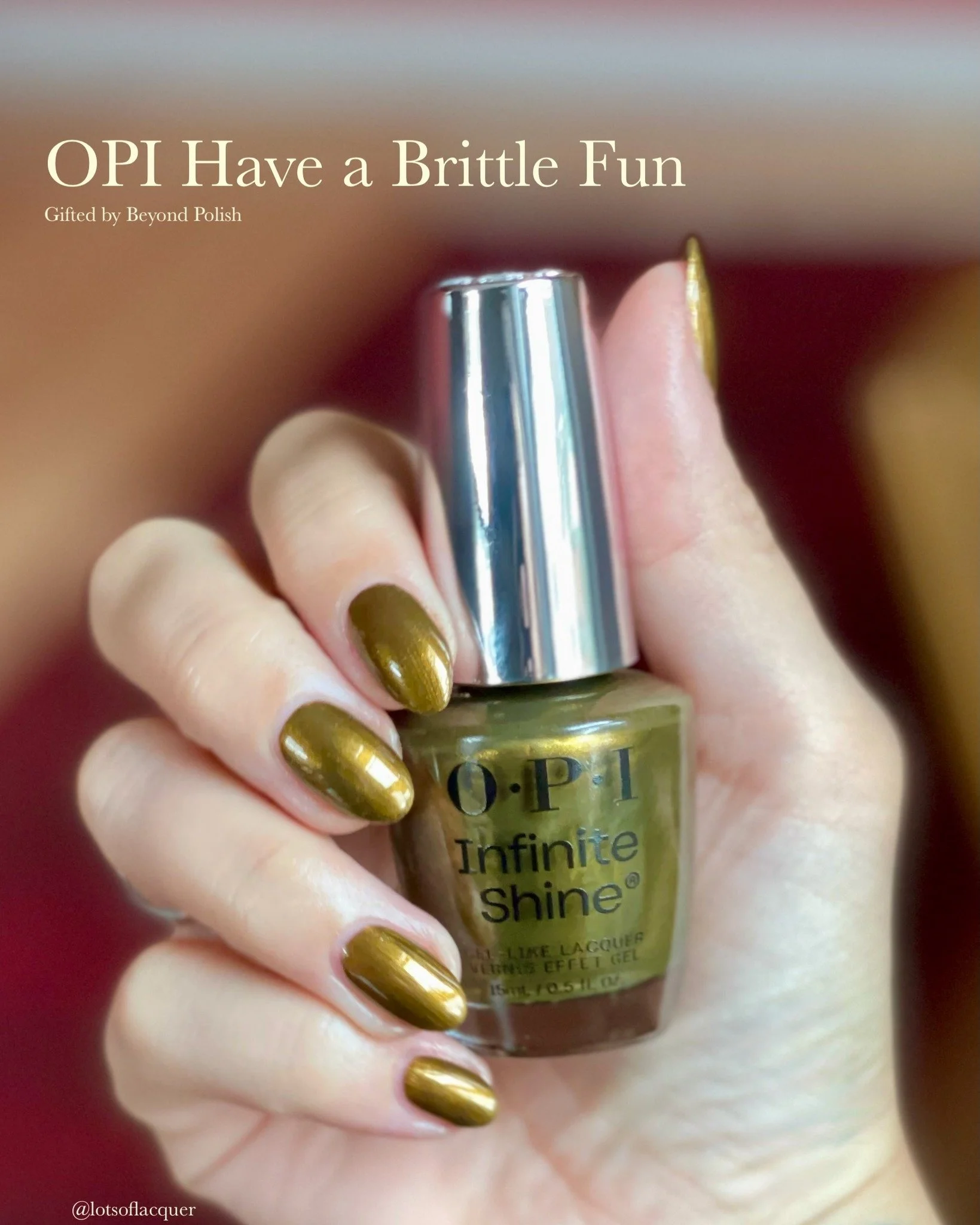 Gifted by @beyondpolish ✨Have a Brittle Fun by @opi is a bronze shimmer, that I'm comfortable calling a bronze pearl nail polish. Shown here in 2 coats and 3 different lighting scenarios, this is such a gorgeous neutral. It's the only neutral, brown 