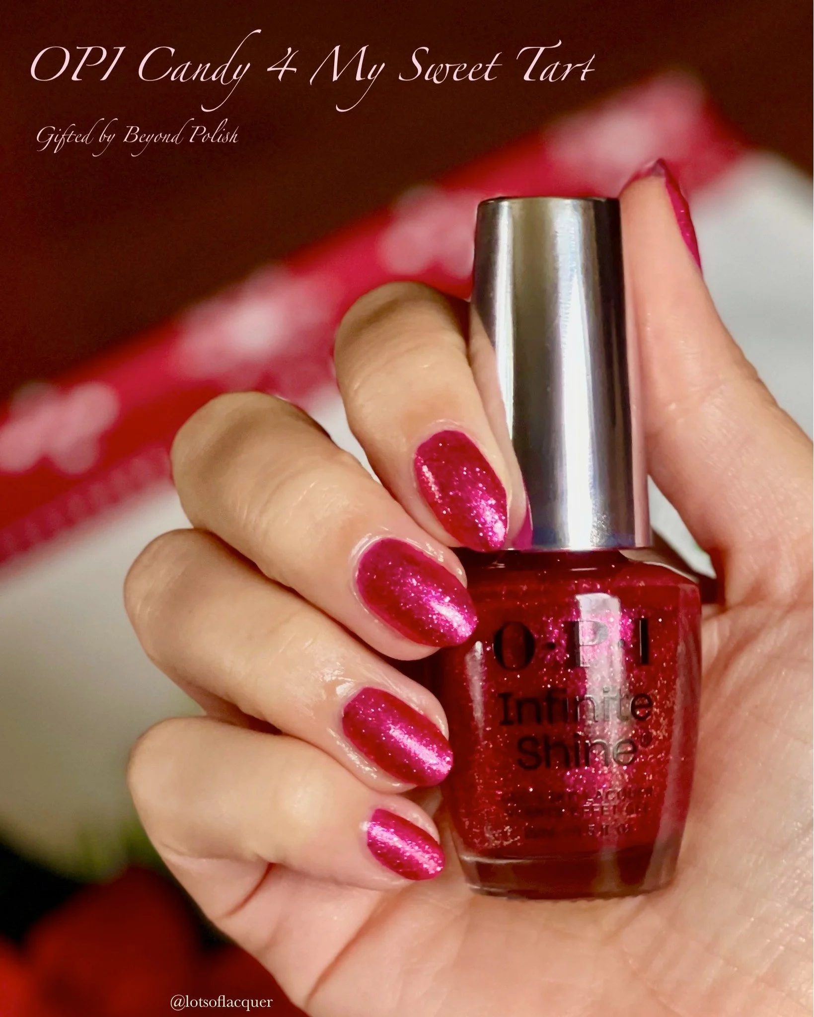 Gifted by @beyondpolish 🍬 @opi Candy 4 My Sweet Tart 🍬 is another from the NEW OPI Holiday 2025 Good Enough To Treat Collection and it's a mega sparkly fuchsia pink long wearing nail polish. 

What I love about it is that it's a tad more on the war