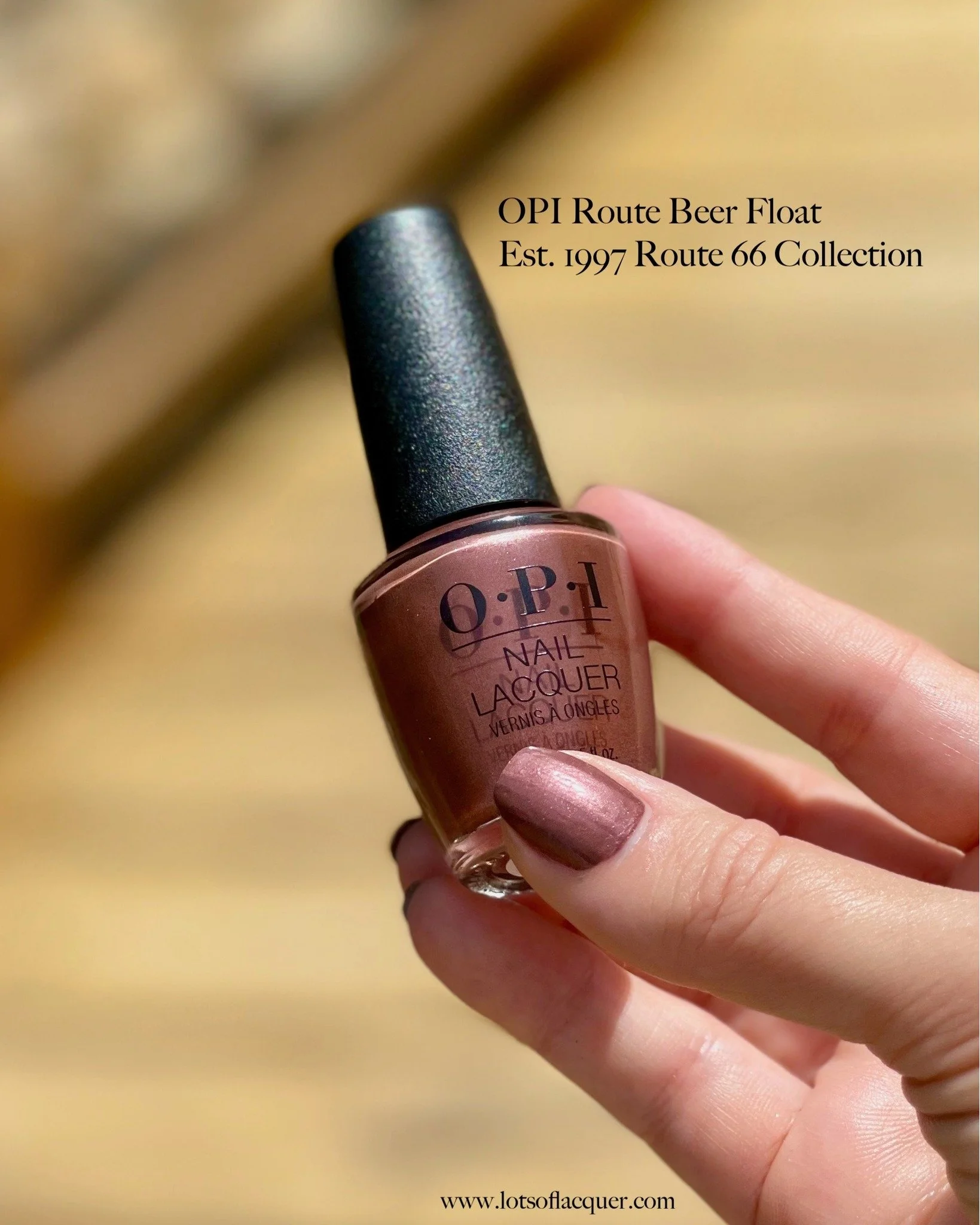Gifted by @beyondpolish | @opi ⁩ 🛣 Route Beer Float NLF043 is back from the vault! 🤎 🍺 Originally released in 1997 in the F/W Route 66 Collection, this shimmery caramel-brown has soft vanilla undertones and tiny red microshimmers that give it an u