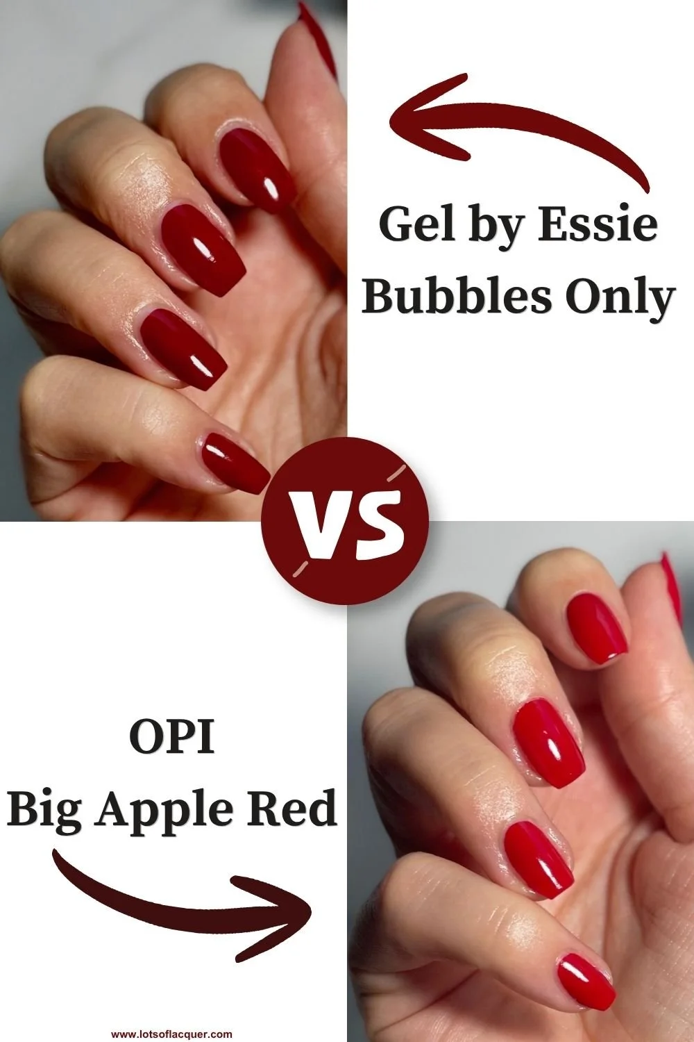 Gel by Essie Bubbles Only - classic long wearing burgundy VS OPI Big Apple Red classic bold red