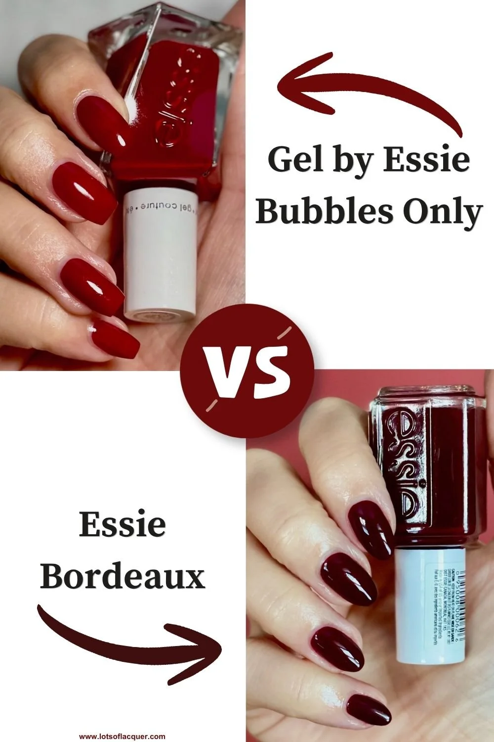 Gel by Essie Bubbles Only - classic long wearing burgundy VS Essie Bordeaux deep red wine burgundy
