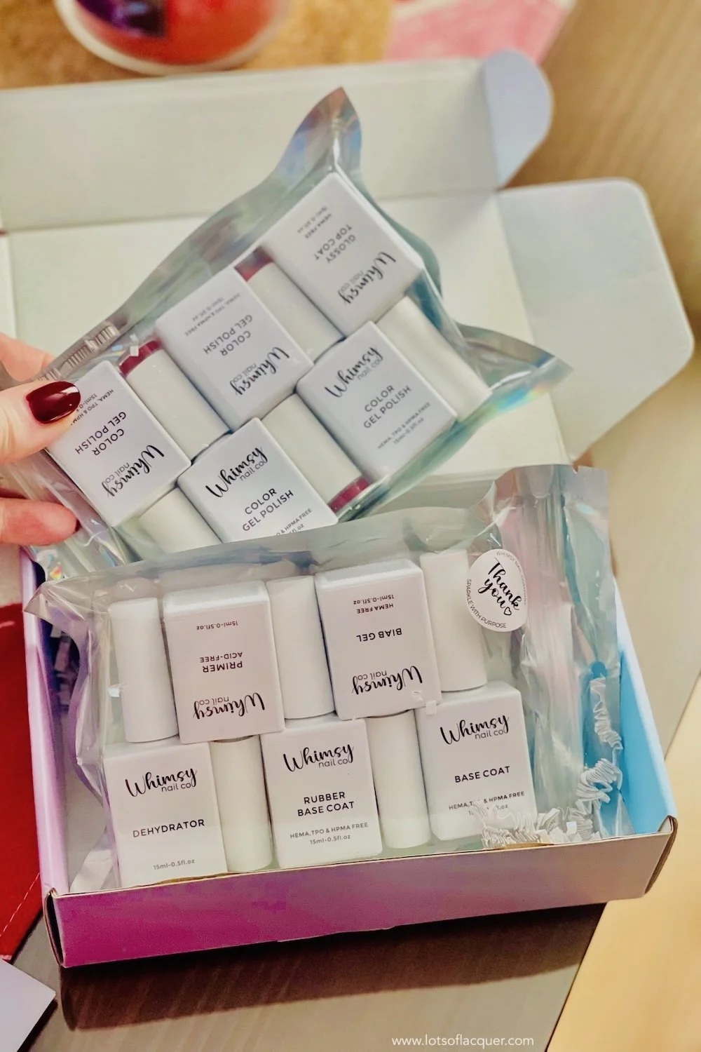 Gifted by Whimsy Nail Co, builder gel supples and gel polish colors