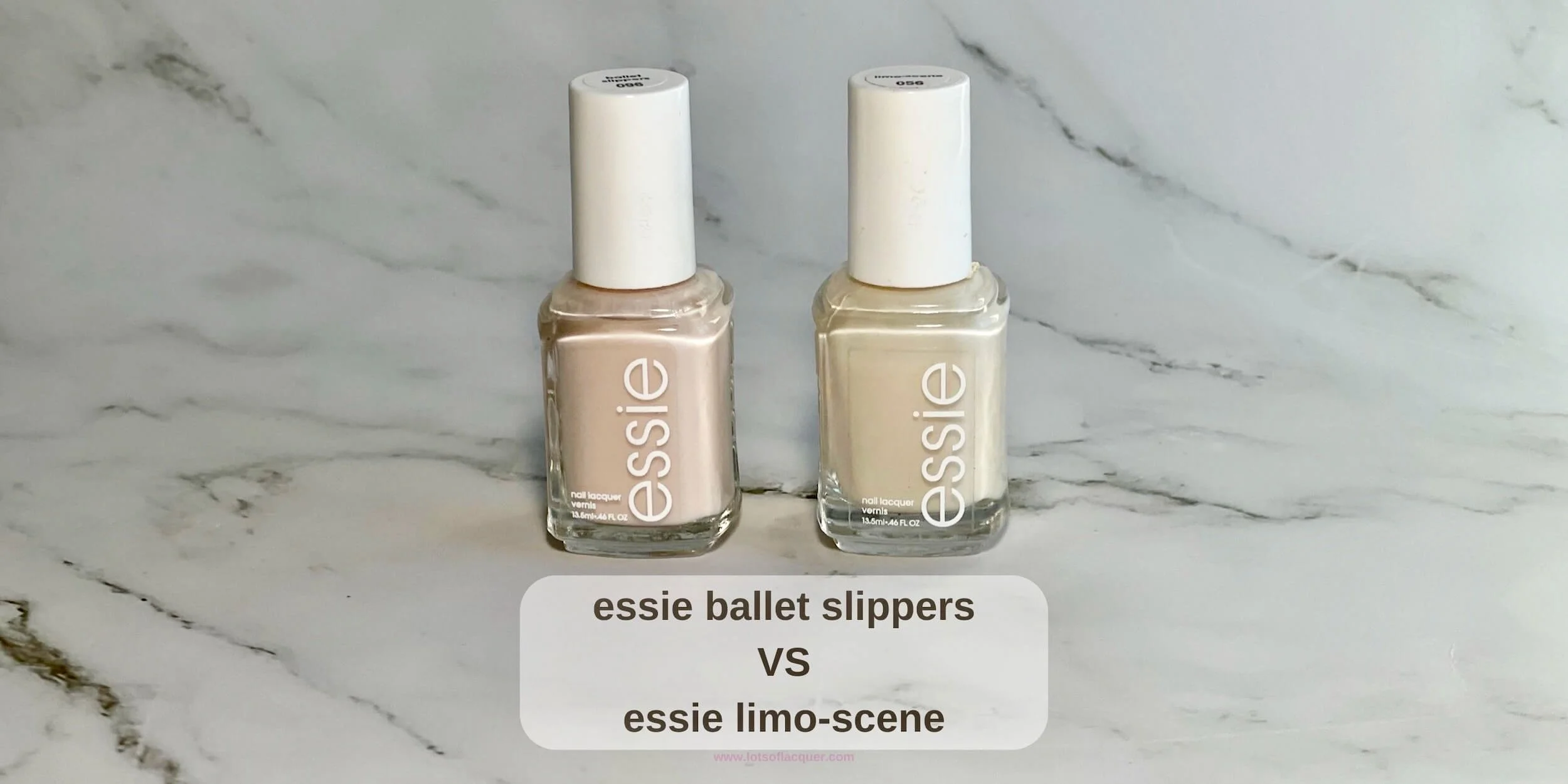 essie ballet slippers (L) and essie limo-scene (R) bottles on grey marble background with text overlay essie ballet slippers vs essie limo-scene