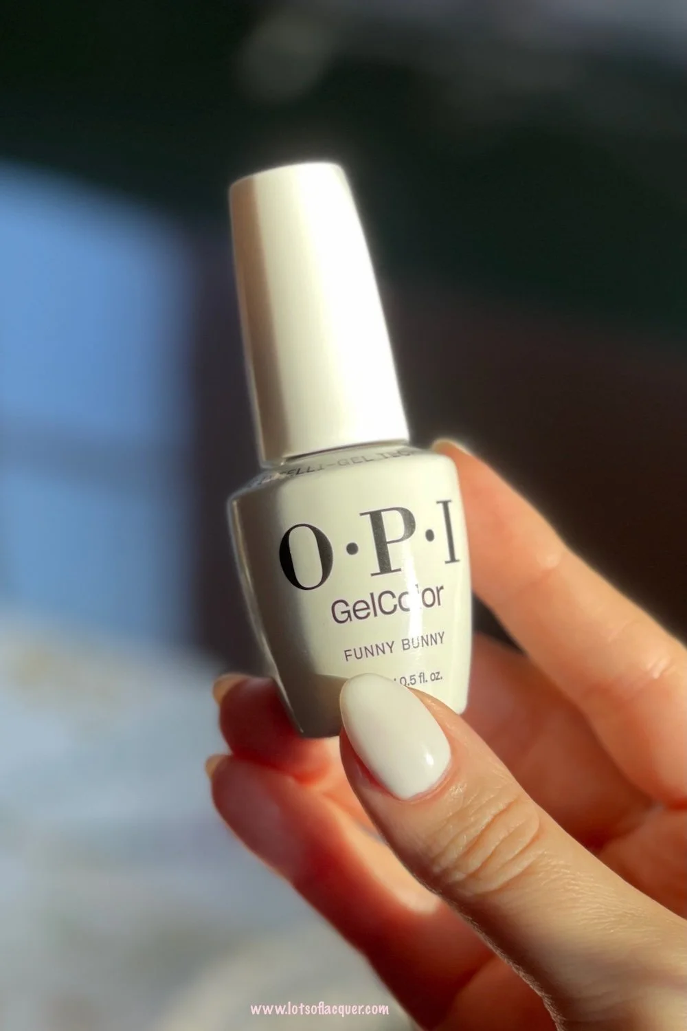 Shade gifted by Beyond Polish - OPI Funny Bunny gel polish thumb swatch on medium almond natural nails