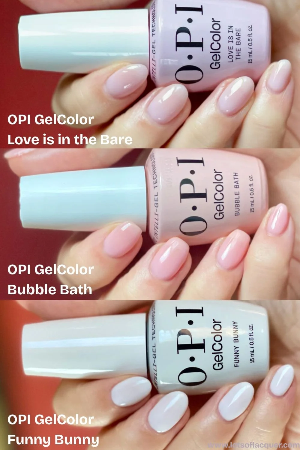 Shades gifted by Beyond Polish - OPI GelColor Love is in the Bare, Bubble Bath and Funny Bunny, top to bottom