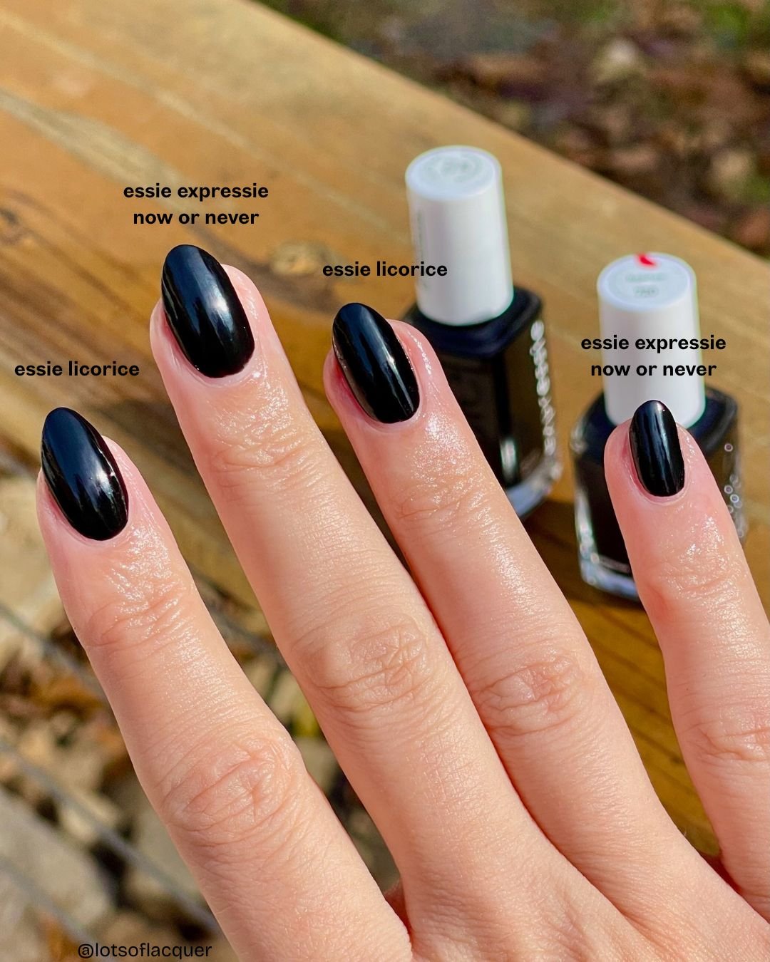 essie licorice vs now or never alternating finger swatches