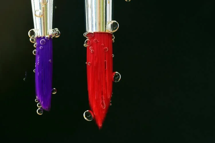 Photo of red and violet paint brushes with bubbles around them by Ulrike Leone from Pixabay