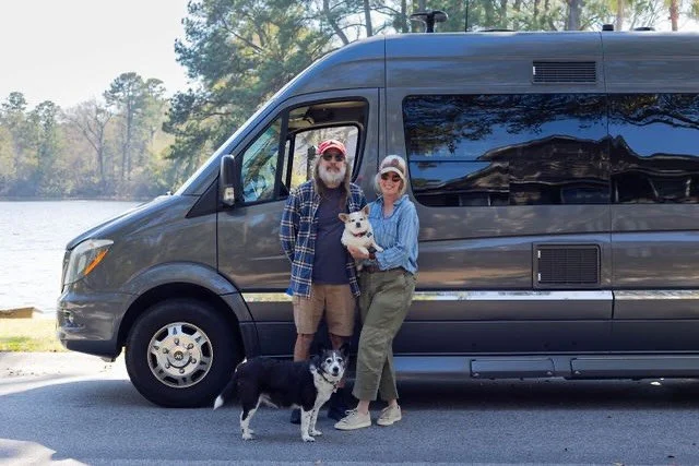 Our new family photo- H, me, Rupee, Po Dog, and our van Grey. Thank you to photographer @ebeefox whose talents had us all looking the same way at once (well, expect for Grey.) #vanlife
