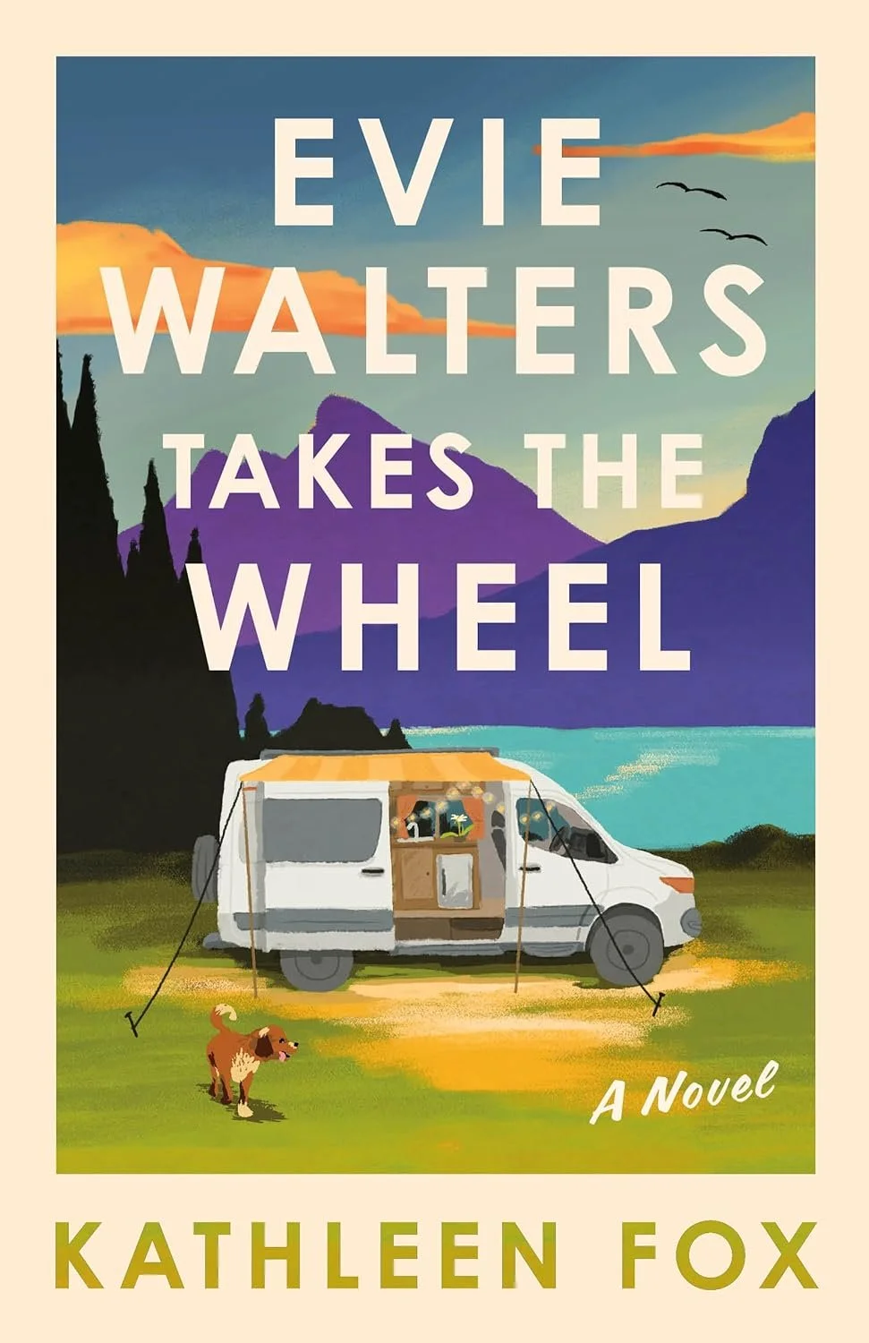 A book cover for "Evie Walters Takes the Wheel" by Kathleen Fox, showing a camper van parked on a grassy area near water with mountains and a sunset in the background, and a dog standing outside.