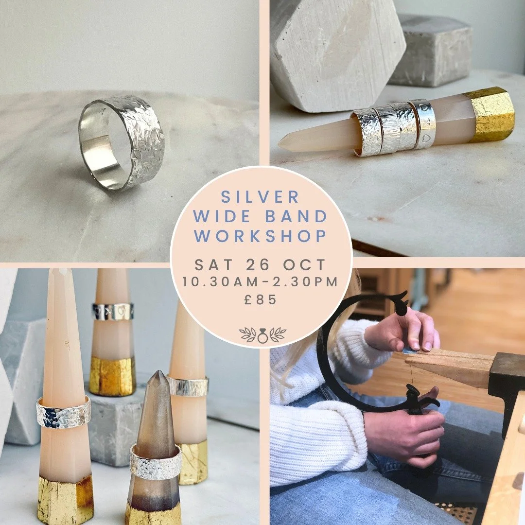 We are gearing up for the last Wide Band class this year.
Come along and learn to make a ring in this half day workshop.
We will look at ways to apply a sophisticated texture to our silver or mark them with fun picture stamps like moons, hearts, star