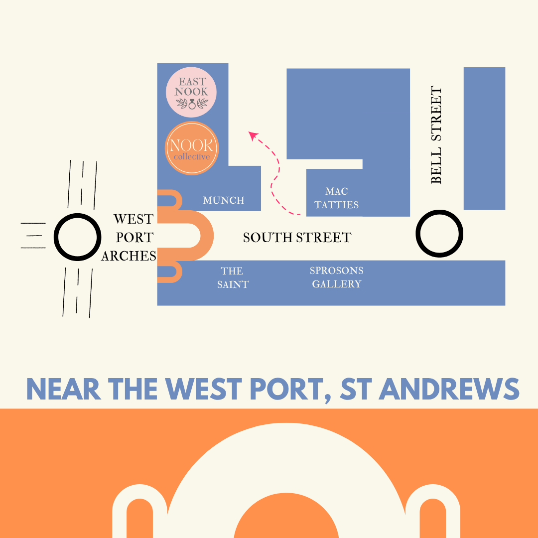 Map of St. Andrews featuring West Port Arches, South Street, Bell Street, streets, and local landmarks such as East Nook, Nook Collective, Munch, Mac Tatties, The Saint, and Sprosons Gallery.