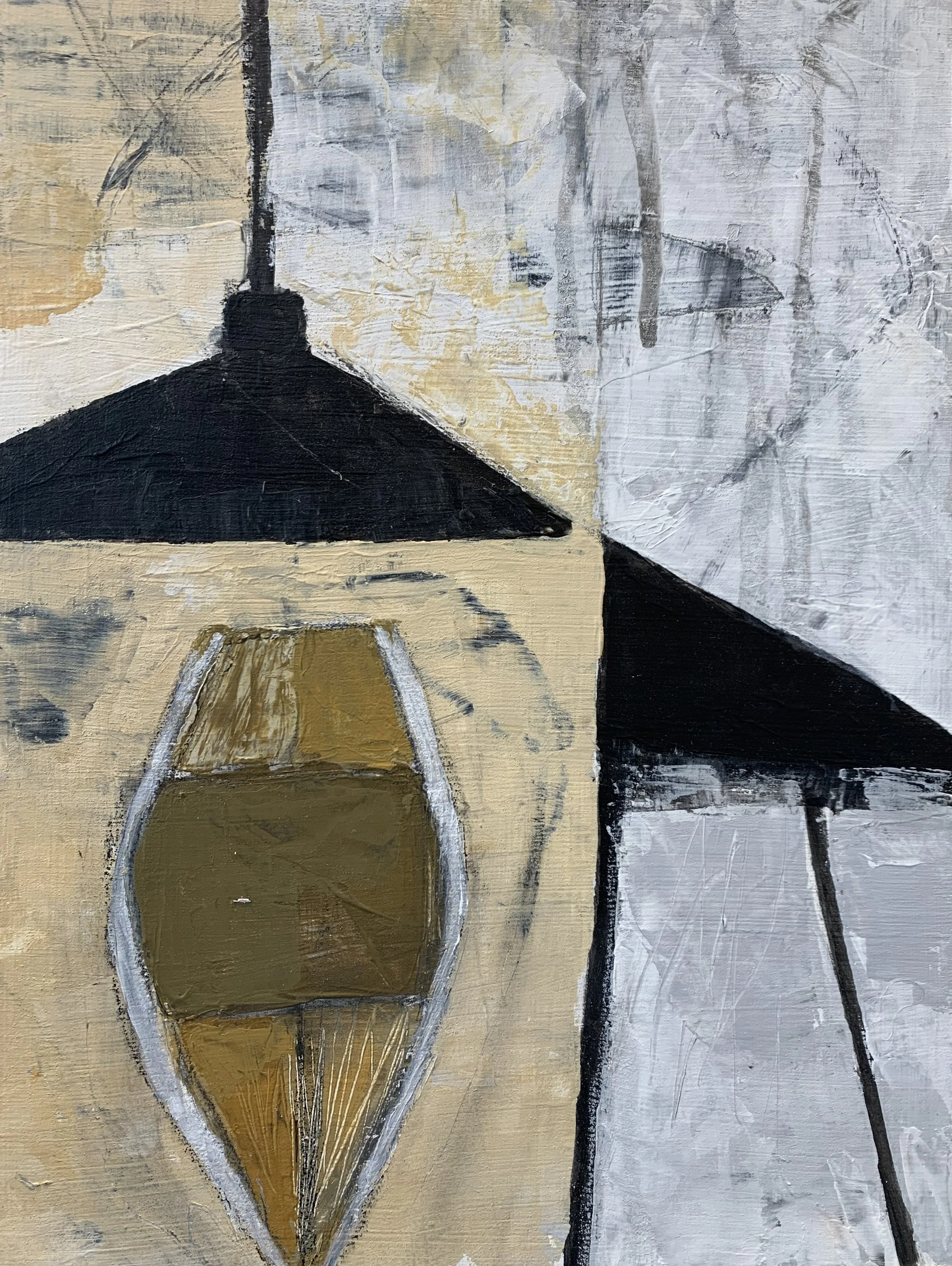 Abstract painting featuring a beige table with a bottle in the foreground, black lamp or shade, black triangular structure, and textured backgrounds in neutral tones.