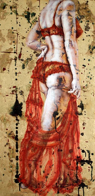 Oil and gold metal leaf female paintings by Pamela Frankel Fiedler.  www.intriguegallery.com
