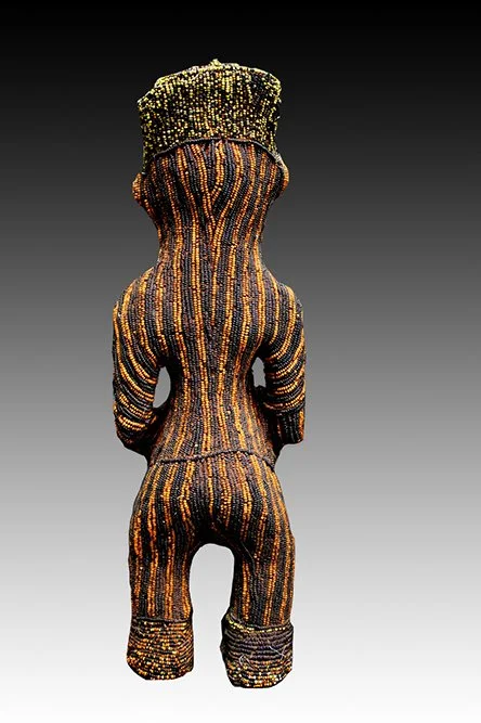 Bamun beaded statue showing eleborate stiched beadwork.  www.intriguegallery.com
