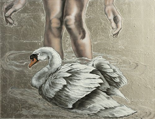 Naturalistic oil and siver metal leaf paintings, Hope Lands Fragile, Upon Chill Blue.  www.intriguegallery.com