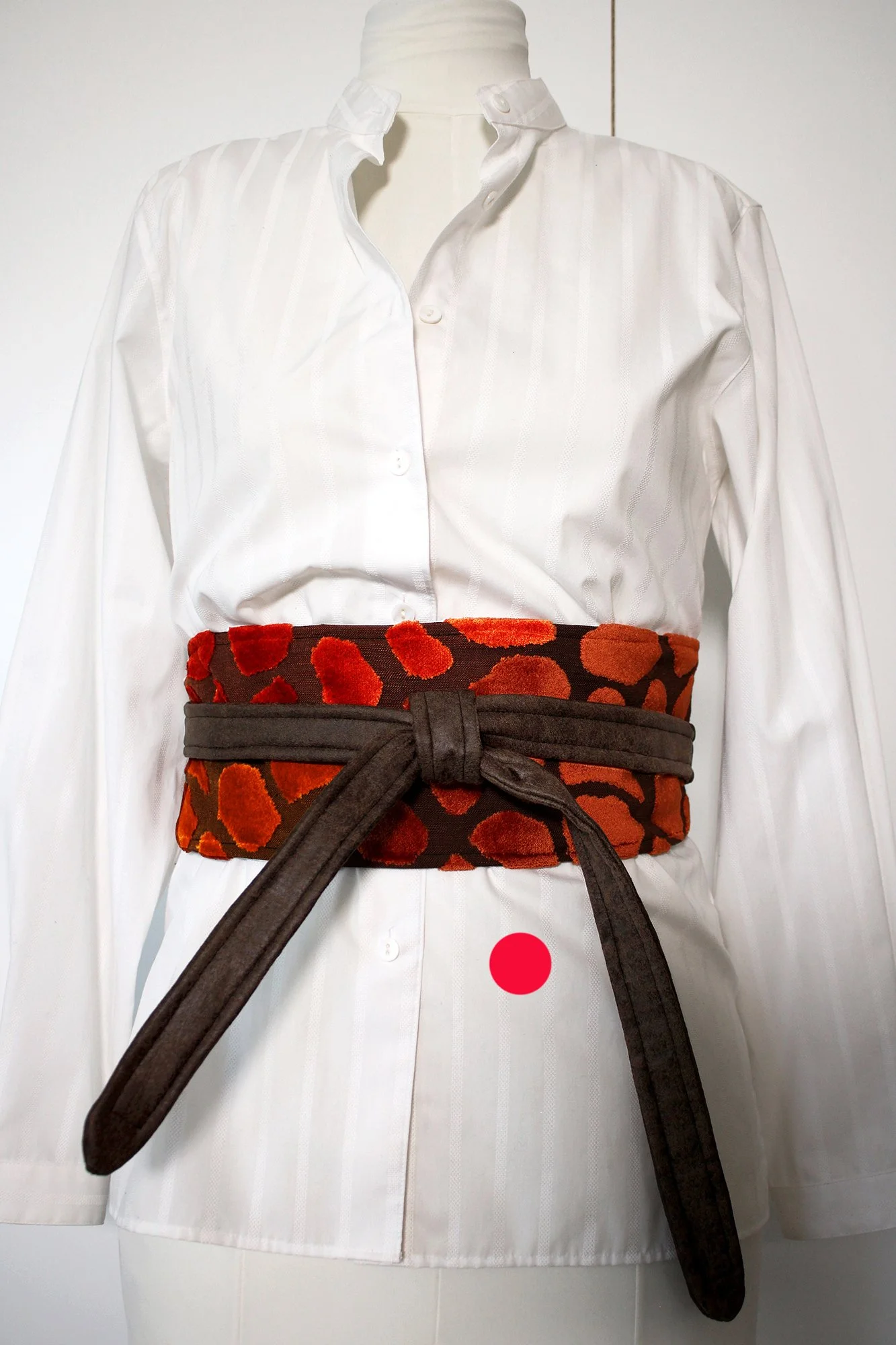 Obi belt with velvet brocade of rust.  www.intriguegallery.com