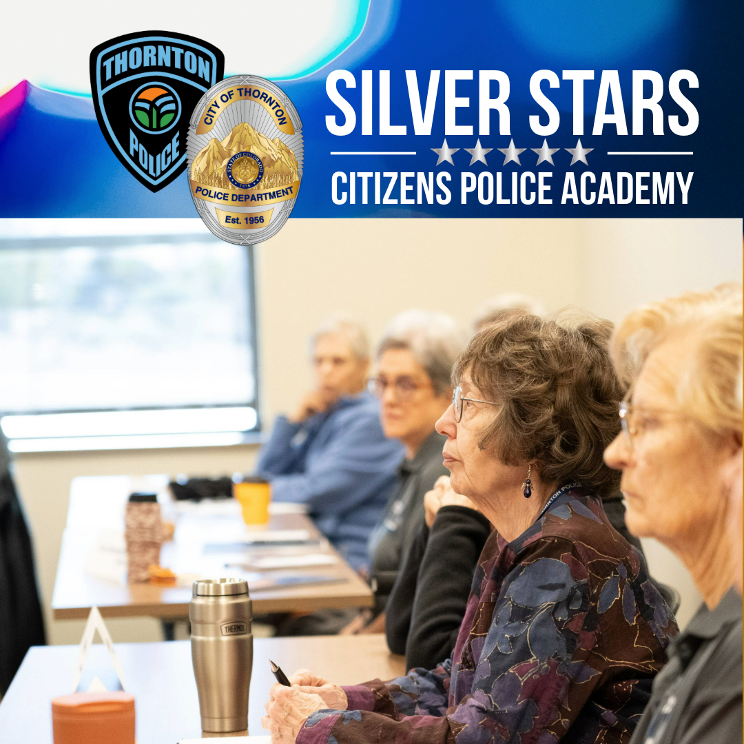 group photo of students listening to presenter with the title silver stars citizens police academy